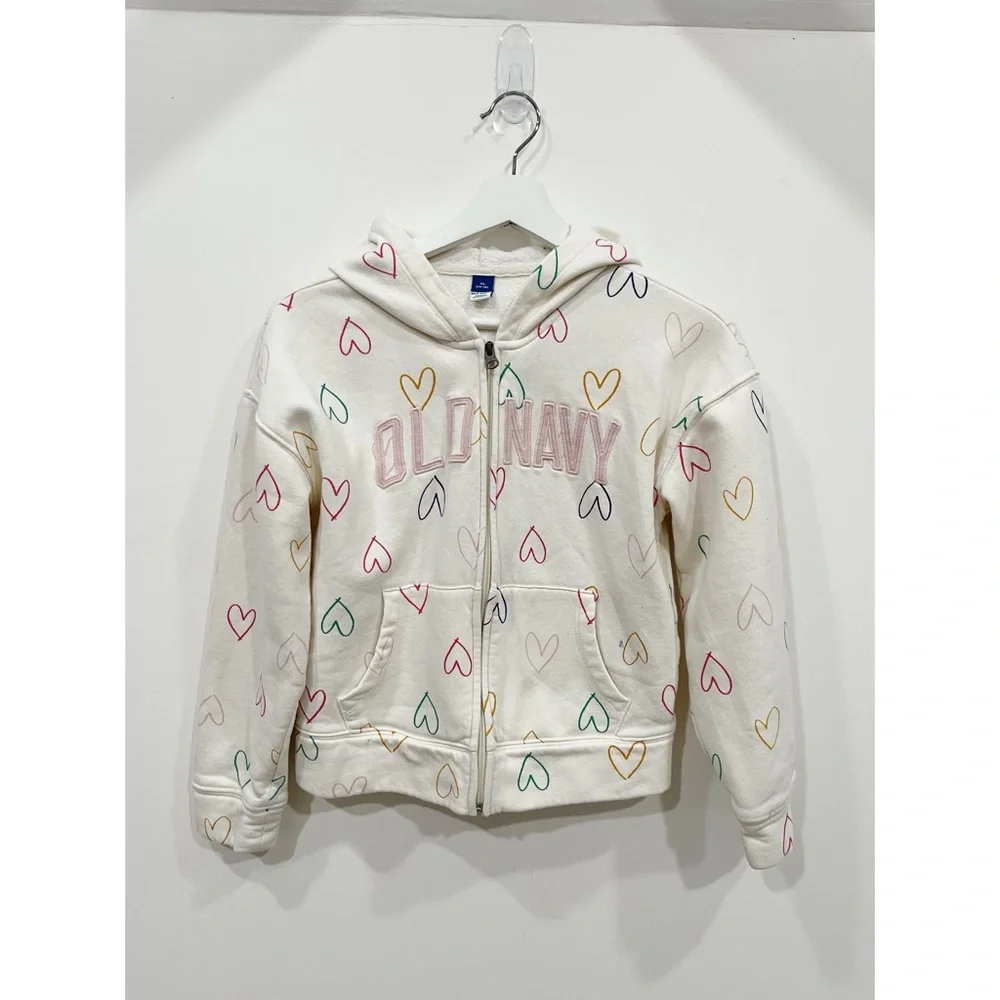 Old Navy Girls Heart Print Fleece Lined Zip Hoodie Jacket XL 14-16 White